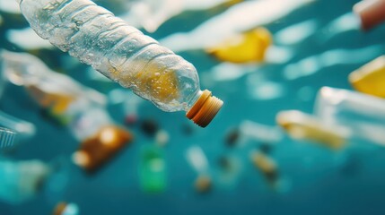 A collection of floating plastic waste, including bottles and packaging, pollute the ocean, underscoring the critical need for action against single-use plastics.