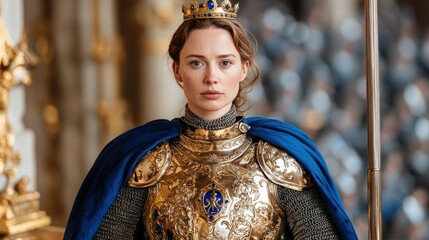 Regal medieval queen in ornate golden armor and blue cape
