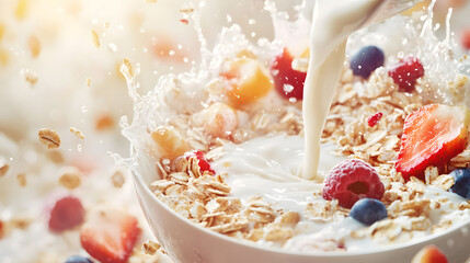 The Freshness of Breakfast: Muesli and Milk Splashing into a Bowl in an Artistic Scene
