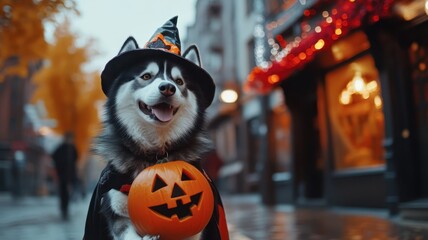 Siberian Husky in Halloween wallpaper happily playing among a display of pumpkins in a city street, capturing the joy of Halloween time.