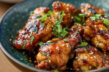 Fototapeta premium A bowl of chicken wings with sesame seeds and green onions