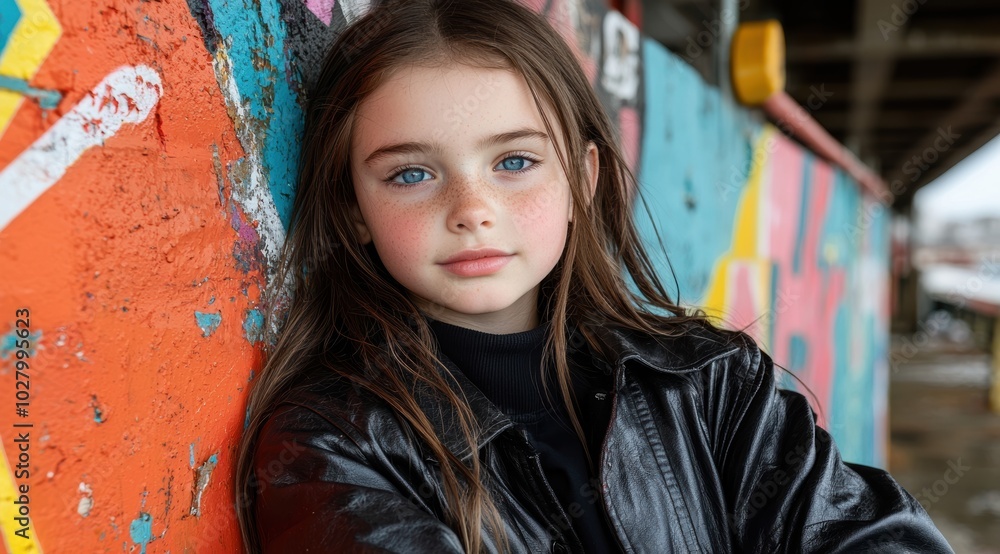 Poster young girl with blue eyes and long brown hair posing in front of colorful graffiti wall