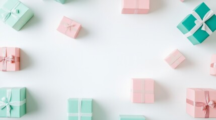 Colorful Gift Boxes in Pink, Green, and Teal Falling on a White Background for a Festive Celebration.

