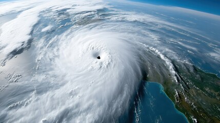 From a high altitude, this image shows the stunning swirl of a massive storm cloud formation as it moves towards land, highlighting nature's incredible power and beauty.