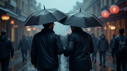 A Heartwarming Scene of Two Men Carrying Umbrellas While Strolling in a Bustling Street, Emphasizing Camaraderie Amidst Rainy Weather.