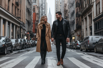 A couple is walking down a city street, holding hands