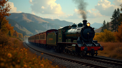 Obraz premium Trains Pulled Back Against Vibrant Scenery, Evoking the Magic of Nostalgic Rail Journeys Through Beautiful Landscapes