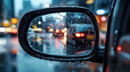 A dynamic cityscape is reflected through drops of rain on a car's side mirror, capturing the essence of urban life and motion in vibrant colors and lights.