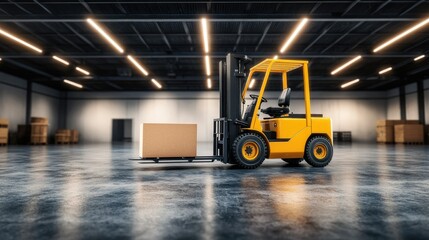 Yellow Forklift in Warehouse with Cardboard Box