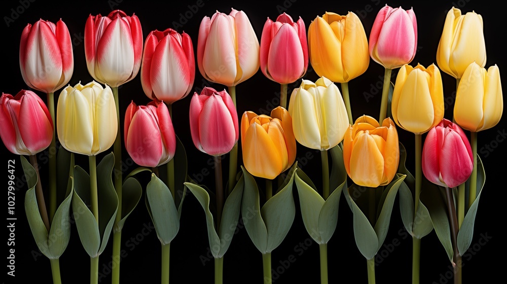 Poster set of fresh flower tulip isolated on black background with clipping path