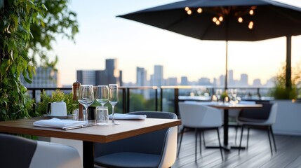This image captures an elegant rooftop dining setup with glassware and tables, framed by a breathtaking city skyline at sunset. The ambiance is luxurious and serene.