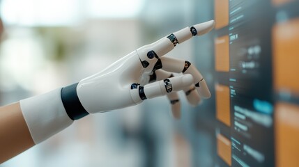 Zooming in on a robotic hand with a sleek design, interacting with a digital interface showcasing futuristic technology through a detailed, glowing display.