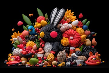 Colorful assortment of fruits, flowers, and playful animals in vibrant arrangement