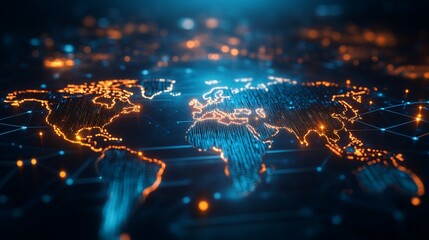 Fototapeta premium Digital World Map with Illuminated Continents and Interconnected Network