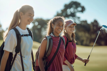 Three young women are walking on a golf course, smiling and carrying backpacks