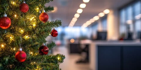 Decorated artificial Christmas tree with red balls and garlands of lights in business office hallway creates festive atmosphere on eve of new year, blurred background with bokeh and place for text