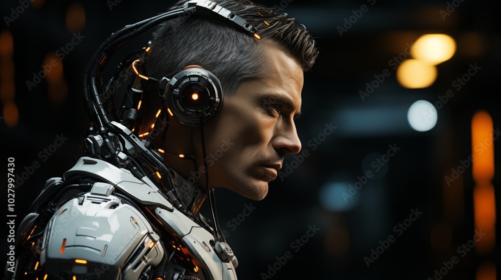 Poster side view of pensive cyborg character with illuminated dots and wires with cables looking away again