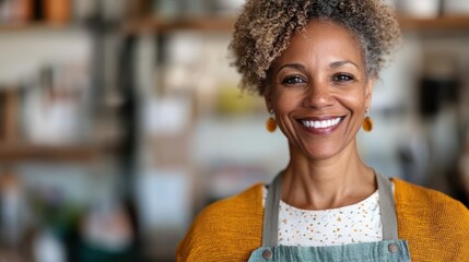 Woman standing proudly with a beaming smile, wearing a grey apron in a sunlit shop filled with creative tools, expressing joy and artistry.