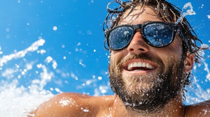 Fototapeta premium A relaxed man with sunglasses enjoying the sun and sea, capturing a moment of peace and happiness in the vibrant and refreshing ocean environment.