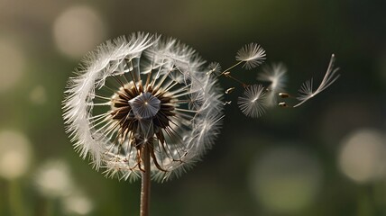 Close-Up of a Dandelion Seed Head Blowing in the Wind, Seeds Floating in the Air.