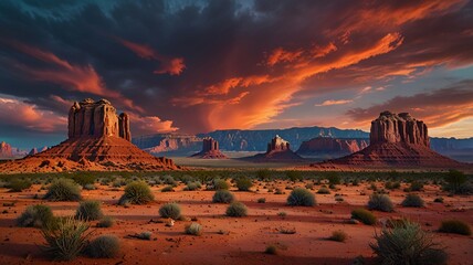 Desolate Alien Desert Landscape with Towering Red Rock Formations and a Strange, Colorful Sky.