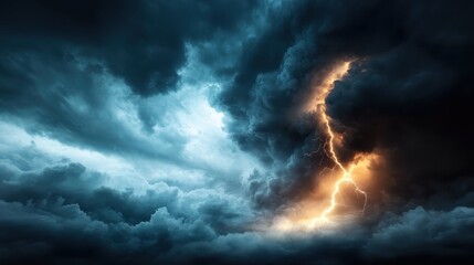 A vivid lightning bolt pierces through the dark, thick storm clouds, creating a stunning visual display of nature’s raw power and atmospheric tension.