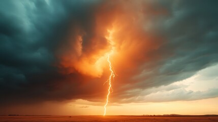 A powerful bolt of lightning illuminates the dark storm clouds over a flat landscape, capturing nature’s raw energy in an awe-inspiring and dramatic display.