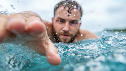 A close-up capture of a man reaching out with his hand, cutting through the ocean water as bubbles form, symbolizing struggle and determination in nature.