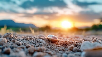 In this captivating image, a single bullet rests in desert sand under a vibrant sunset sky, symbolizing isolation and the lingering impacts of conflict.
