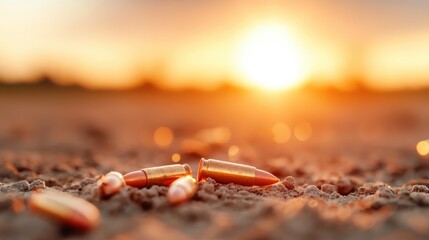 Scattered bullets lie on a dirt surface, bathed in warm sunlight, evoking themes of chaos and serenity amidst natural surroundings in golden hour.