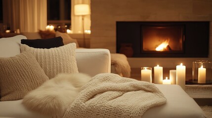 Cozy living room with burning fireplace and lit candles creating warm atmosphere in winter