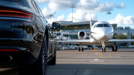 This image captures a sleek luxury car parked in the foreground, while a private jet awaits at an airport. It's a scene of sophistication and opulence.