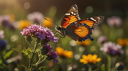 Vibrant Butterfly Landing on a Blooming Flower in a Sunlit Meadow Filled with Wildflowers.