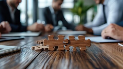 Wooden puzzle pieces placed on a table during a business meeting, representing themes of teamwork, collaboration, and problem-solving in a professional setting.