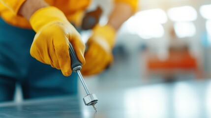 Close-up of a worker in gloves operating a screwdriver on a mechanical part, focusing on precision and manual dexterity in an industrial environment.