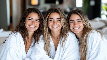 A group of three smiling women in white robes, exuding relaxation and joy, capture the essence of friendship and happiness, set in a cozy, luxurious environment.