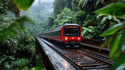 Obraz premium A sleek modern train swiftly moves along a rain-soaked track amidst dense jungle foliage, blending technology with nature in a harmonious journey forward.