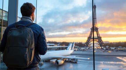 A traveler with a backpack looks out from an airport at the Eiffel Tower silhouetted against the sunset, capturing the moment of preparation and possibility.