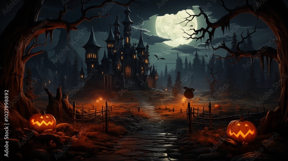 Wall mural spooky halloween, pumpkins castle, dark, cartoon style for kids.