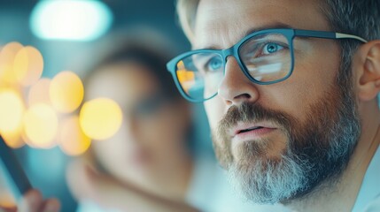 A bearded man wearing glasses looks intently at a project, with a blurred background suggesting a collaborative professional environment of concentration.