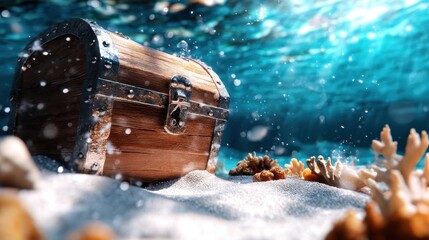 An underwater scene features a locked treasure chest nestled among coral, evoking mystery and the allure of hidden riches beneath the ocean surface.