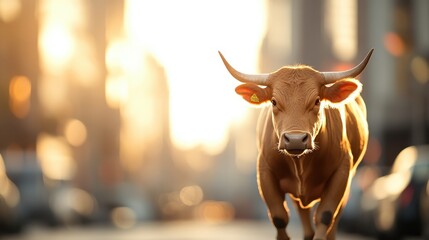 A lone cow strolls through a sun-drenched city street, casting long shadows and enjoying the unusual blend of nature and urban scenery in the gentle evening glow.