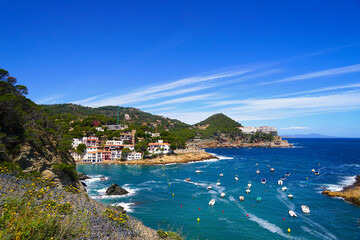 Fototapeta premium view towards the colorful houses and turquoise water of the Mediterran Sea in the bay of Sa Tuna, Camí de Ronda, holiday, Costa Brava, Catalonia, Girona, Spain