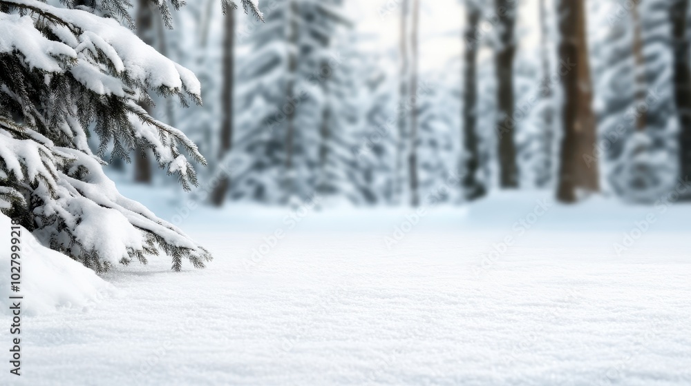 Poster a peaceful winter scene showcasing snow gently blanketing the branches of a fir tree while distant t