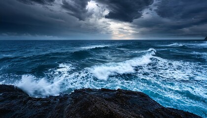 Obraz premium Intense Ocean Waves Crashing Under Dark Stormy Skies, Capturing the Raw Power and Majestic Beauty of Nature's Elements, Perfect for Evoking Emotion and Dramatic Atmospheres in Visual Art