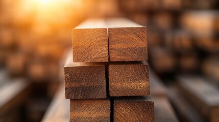 A close-up of evenly arranged wooden planks catching the sunlight in a warehouse, showcasing their fine texture, alignment, and meticulous arrangement.