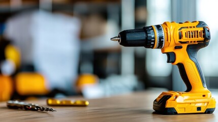 A cordless drill stands upright on a wooden surface, showcasing its sleek design with vibrant yellow accents, next to a set of various drill bits.