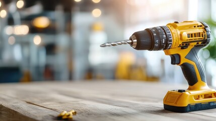 A bright yellow drill prominently features on a wooden table, subtly lit by natural light from large windows, indicative of a workshop environment.