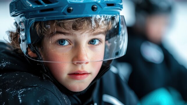 A young child with blue eyes and curly hair wearing a dark hockey helmet and jersey, capturing a moment of determination and focus during a practice session.