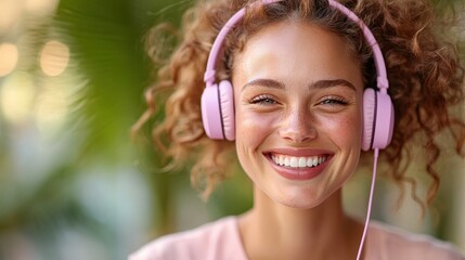 A joyful woman smiling broadly, wearing pink headphones and surrounded by a lush green background, enjoying her music with a palpable sense of contentment.